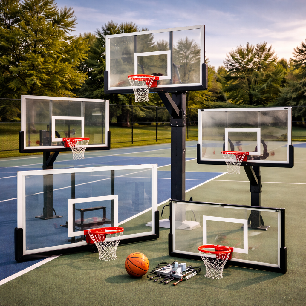 Basketball backboards with rims mounted on hoop systems displayed on an outdoor basketball court with a basketball on the ground in front.
