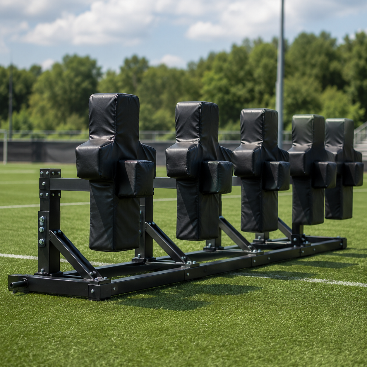 Multi-man football blocking sled on a grass practice field used for offensive line drive blocking drills