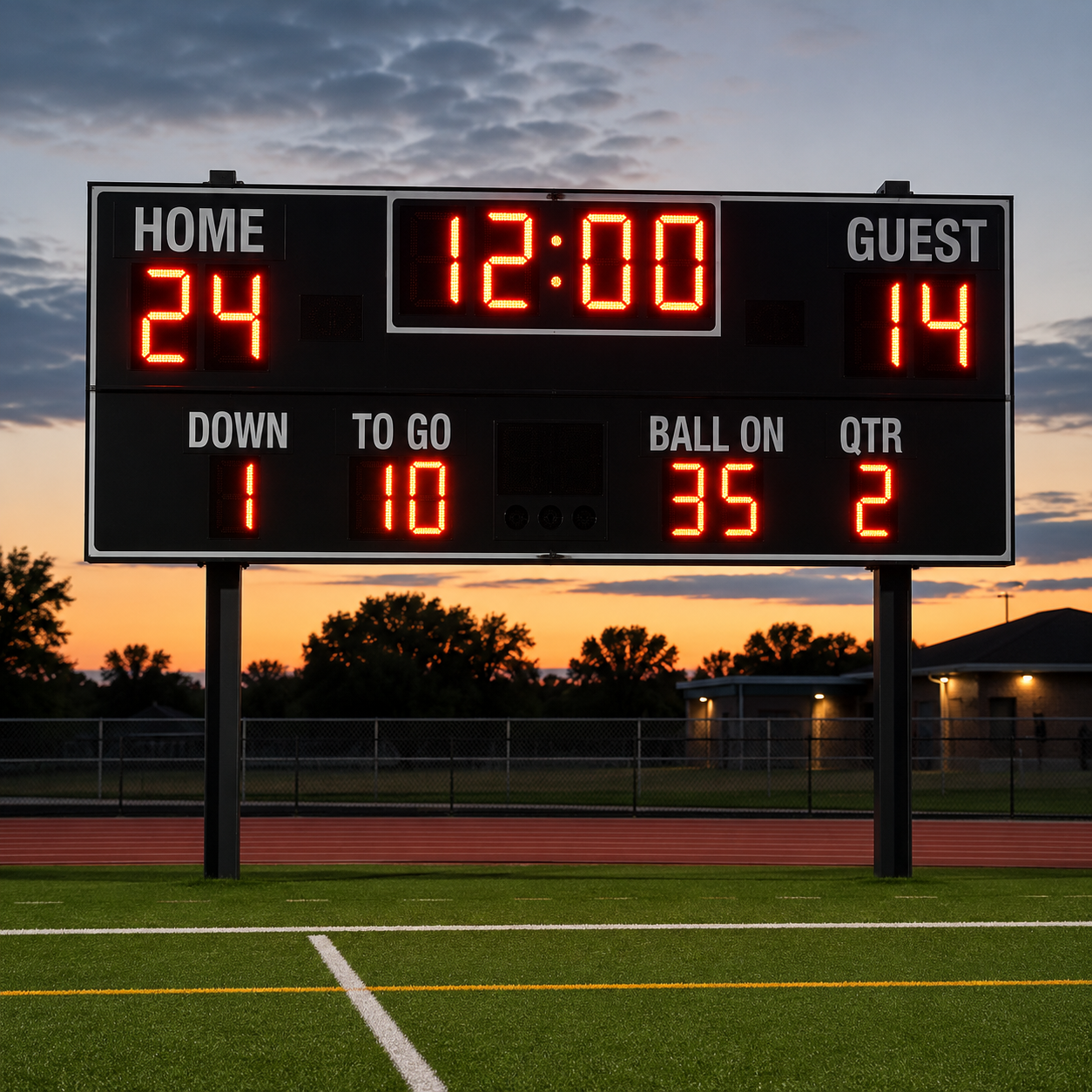 Outdoor LED football scoreboard displaying home score, guest score, game clock and quarter on a high school stadium field