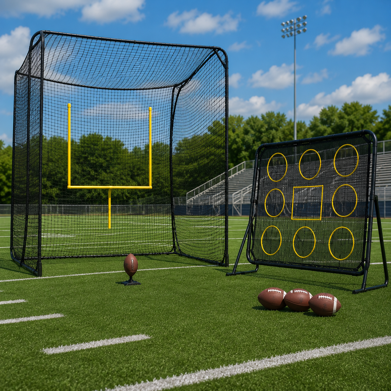 Football kicking cage net and quarterback throwing accuracy target net set up on an outdoor practice field for specialist training drills