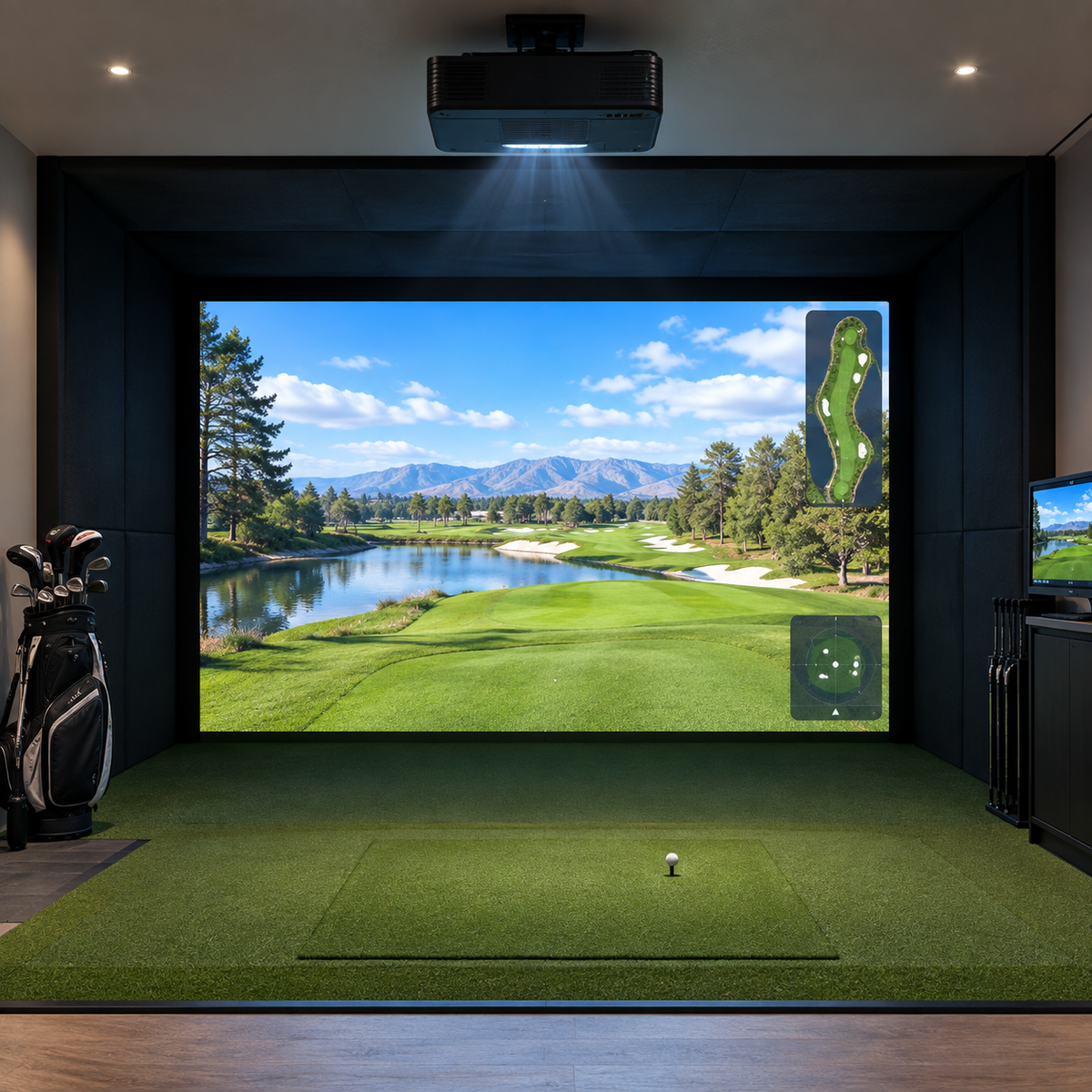 Golf simulator projector short throw 4K laser model mounted at ceiling projecting sharp course image onto indoor impact screen showing bright high resolution simulator display for home and commercial golf simulator setup