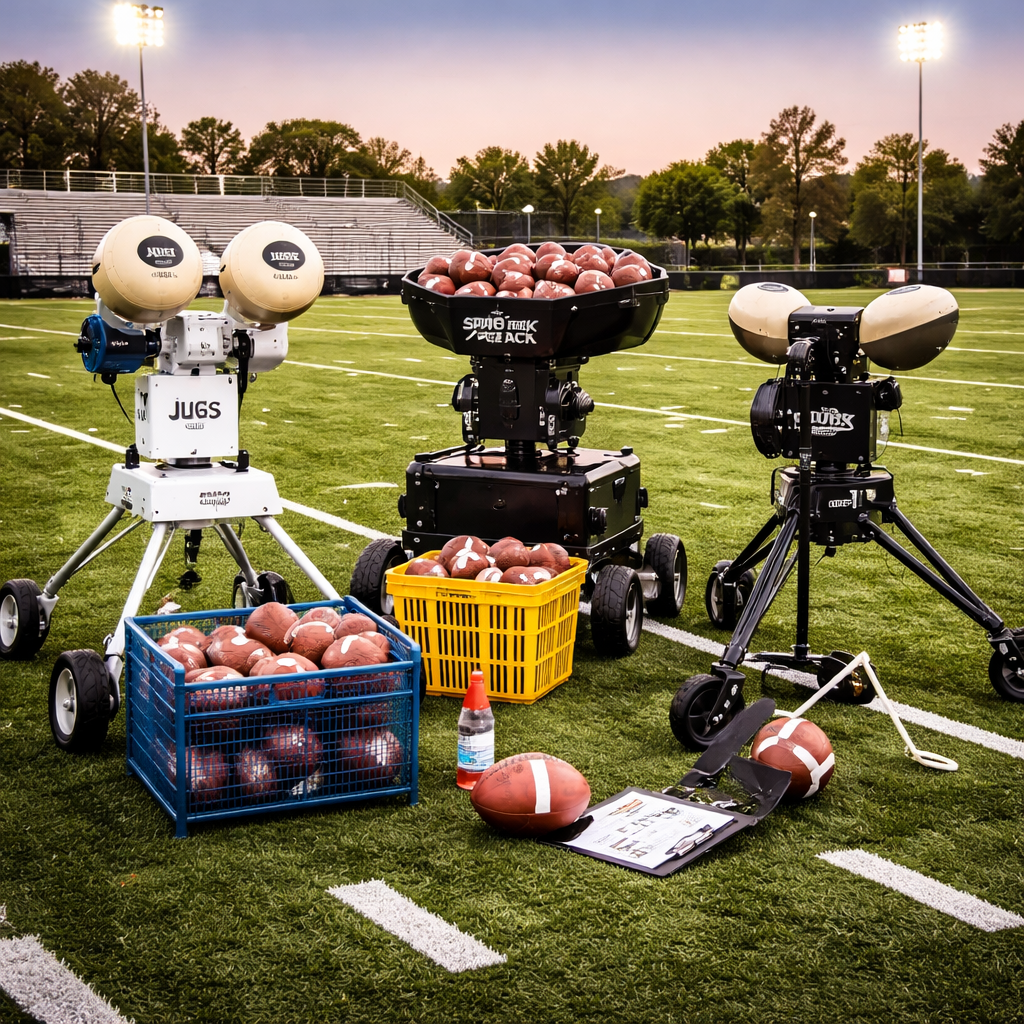 Professional football training machines for passing and kicking drills set up on a stadium field with multiple footballs and equipment for team practice.