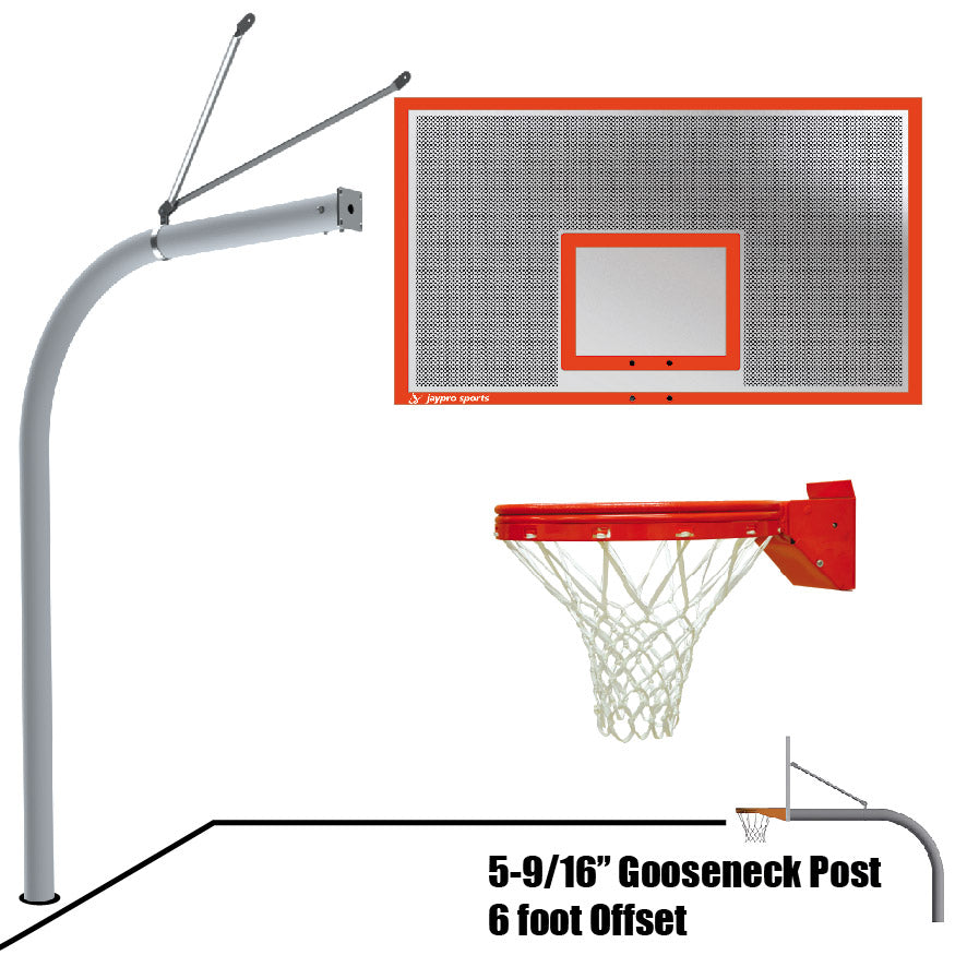 656-PERF-UB - Basketball System - Gooseneck (5-9/16 in. Pole with 6 ft. Offset) - 72 in. Perforated Steel Backboard - Playground Breakaway Goal - Image 1
