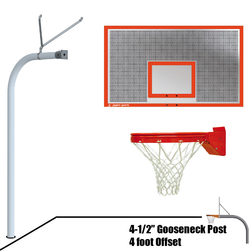 996-PERF-UB - Basketball System - Gooseneck (4-1/2 in. Pole with 4 ft. Offset) - 72 in. Perforated Steel Board - Playground Breakaway Goal - Image 1