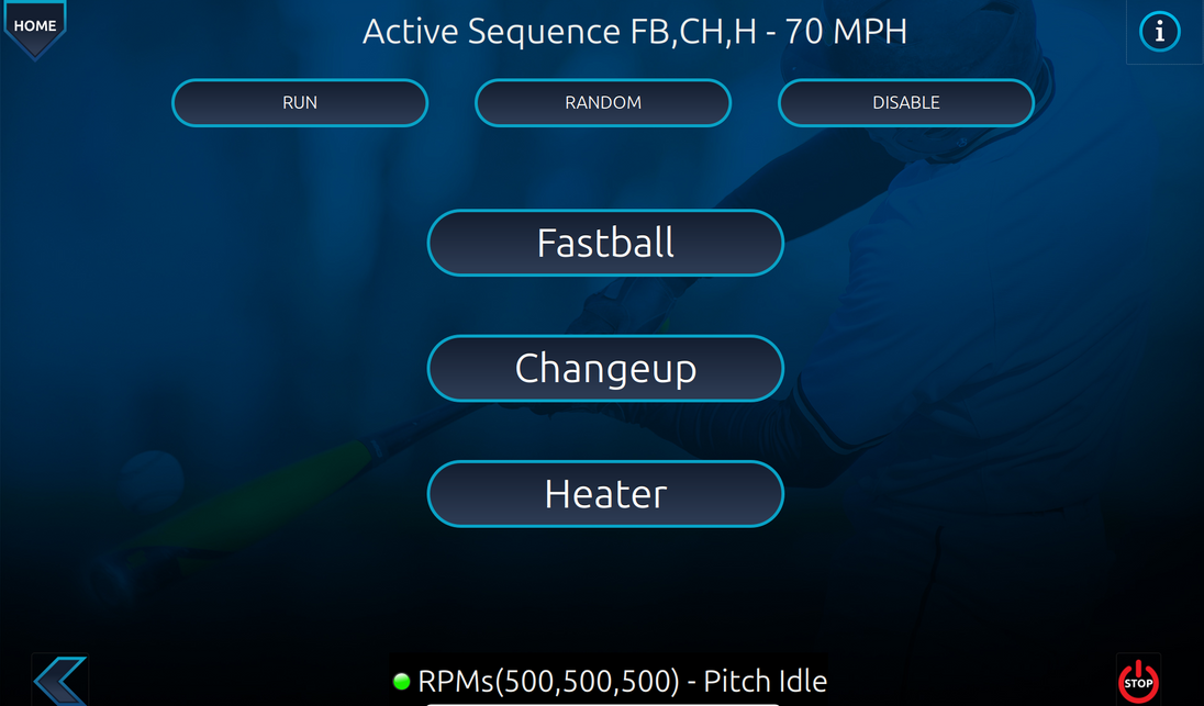 Control panel for a pitching machine with options like 'Run', 'Random', 'Disable', 'Fastball', 'Changeup', and 'Heater' on a dark background.