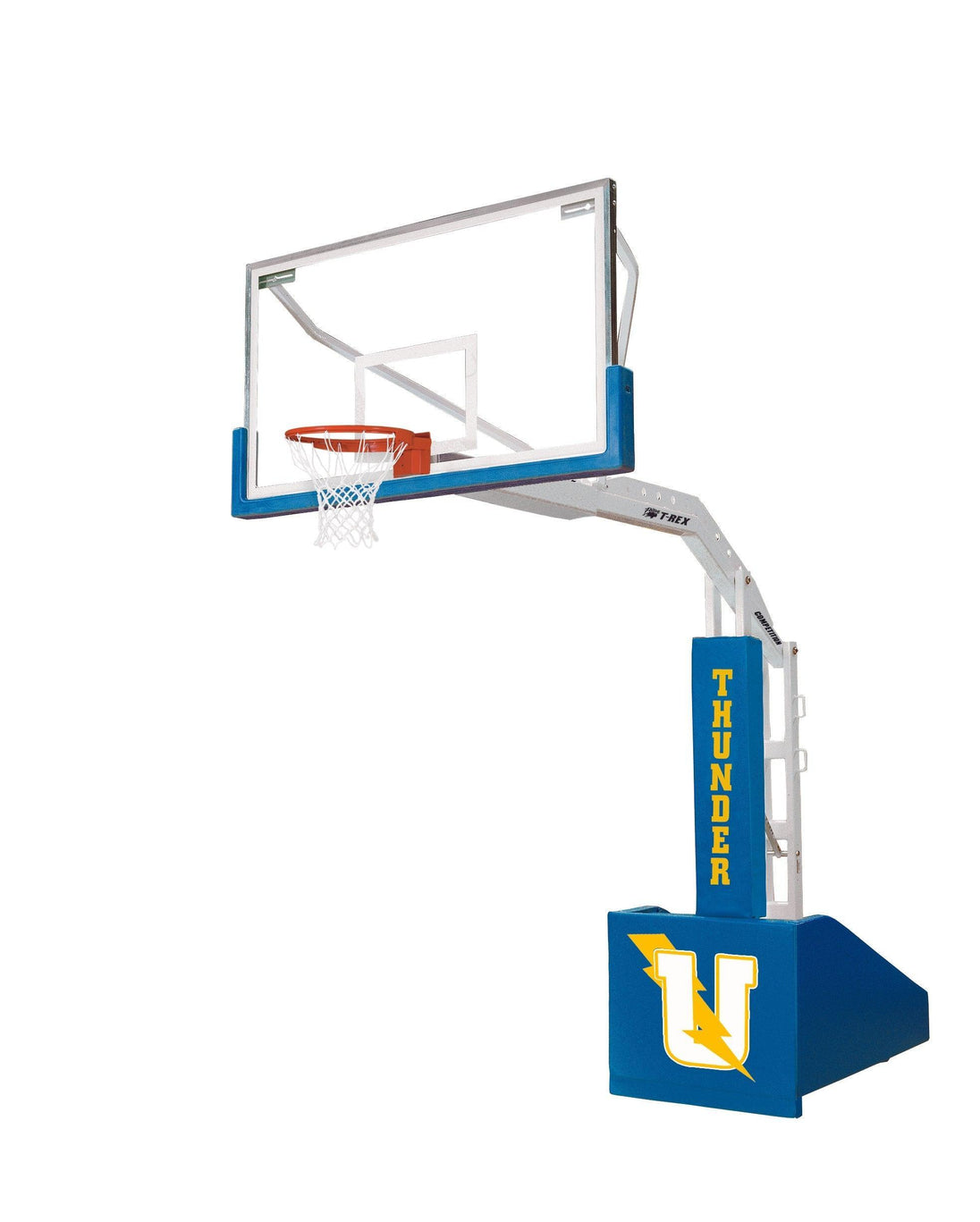 Bison T-REX Competition portable basketball system full view in gymnasium at game position