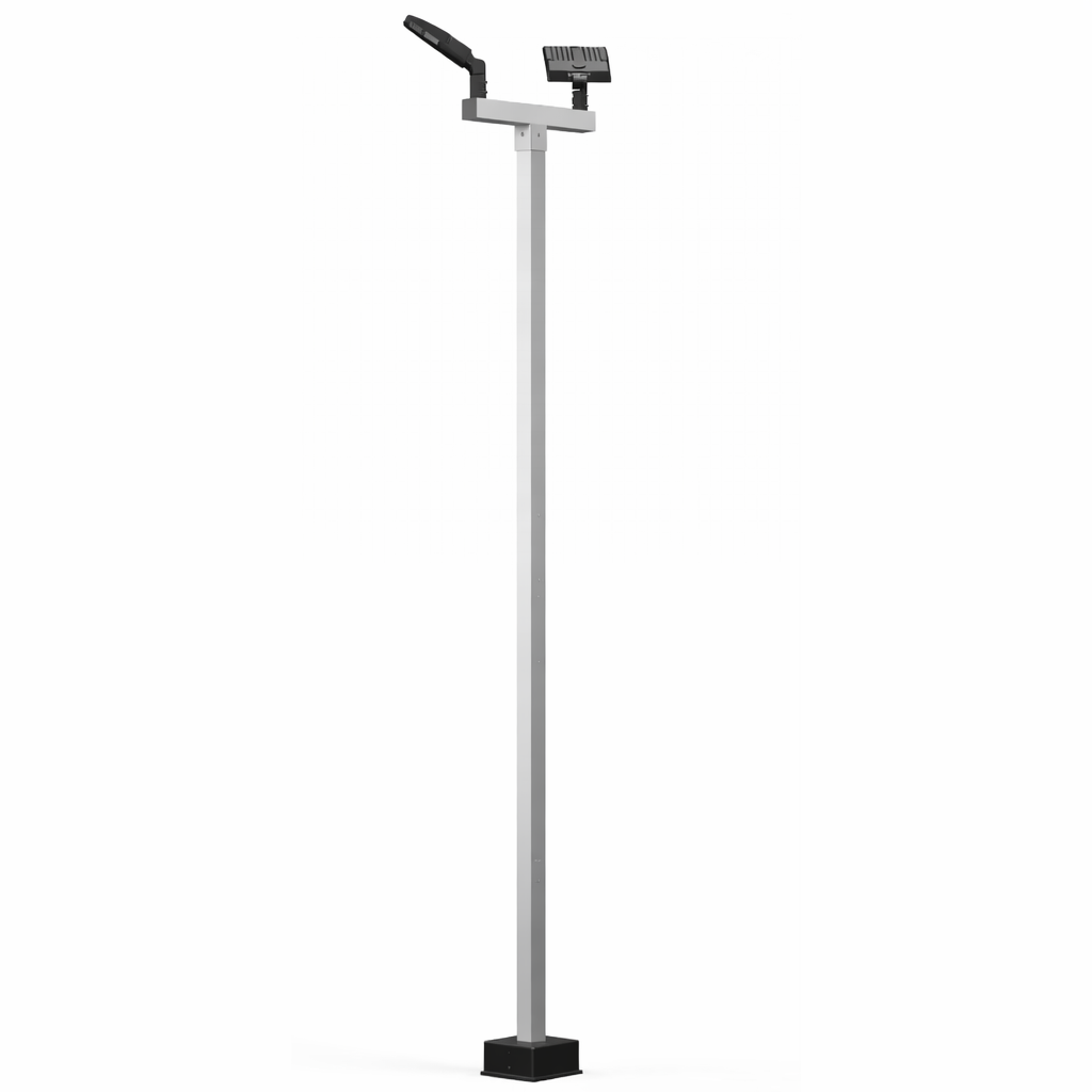 Tall metal stand with two cameras on a white background