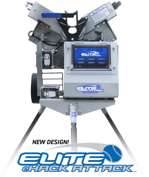 Elite eHack Attack pitching machine with digital display on a white background