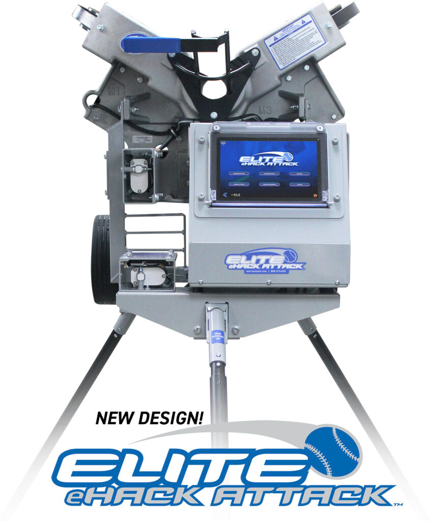 Elite eHack Attack pitching machine with digital display on a white background