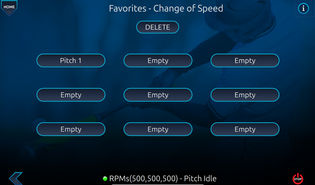 Screen displaying a 'Favorites - Change of Speed' menu with options and buttons on a dark background.