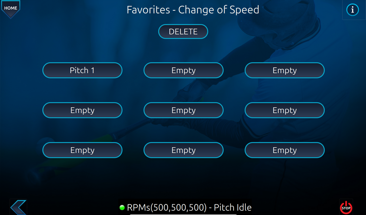 Screen displaying a 'Favorites - Change of Speed' menu with options and buttons on a dark background.
