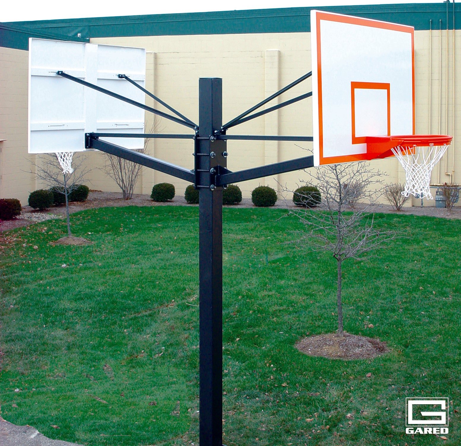 Gared Endurance® Dual Glass Playground Basketball System - Two 42″x60″ Glass Backboards, 5′ Arms