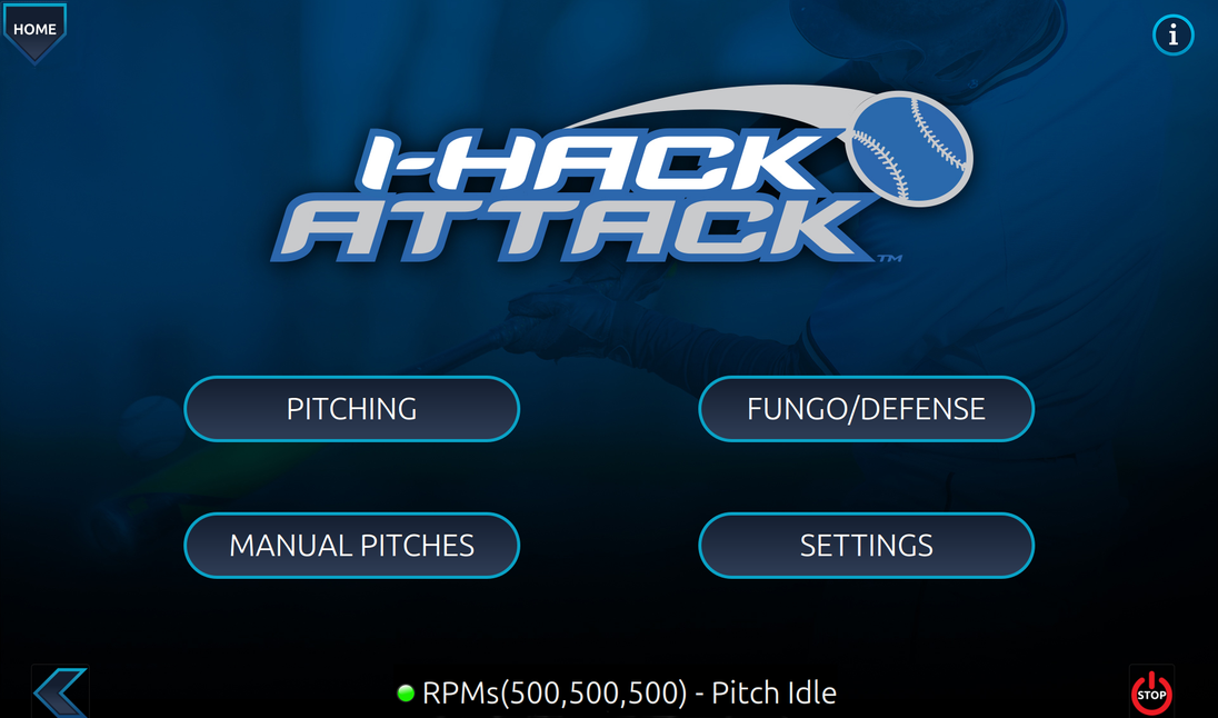 Game interface for 'I-Hack Attack' with options like Pitching, Fungo/Defense, and Manual Pitches on a dark background.