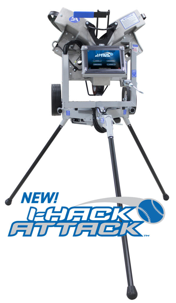 Baseball pitching machine with 'I-Hack Attack' branding on a white background
