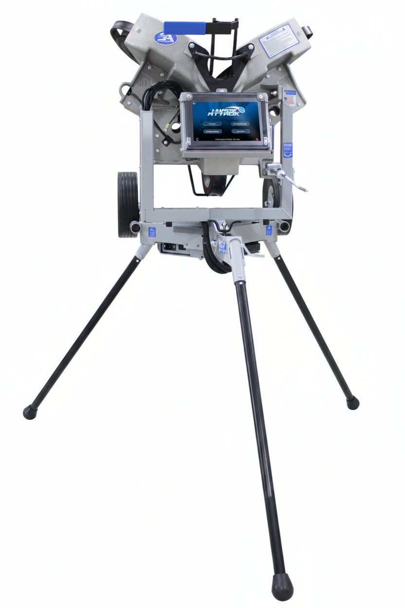 Baseball pitching machine with 'I-Hack Attack' branding on a white background