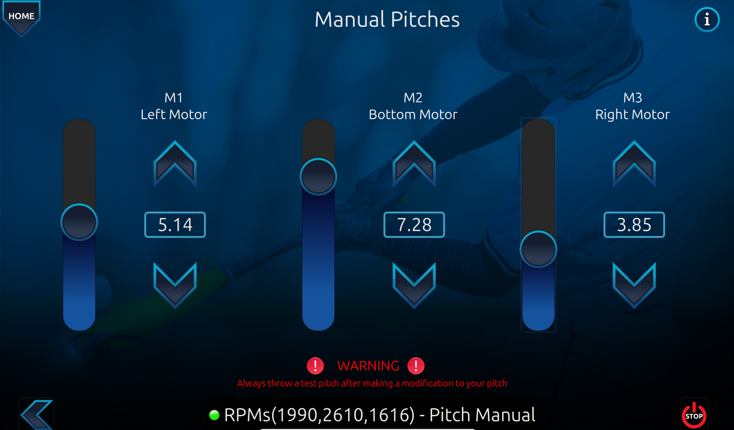 Control panel for manual pitches with motor settings on a dark background