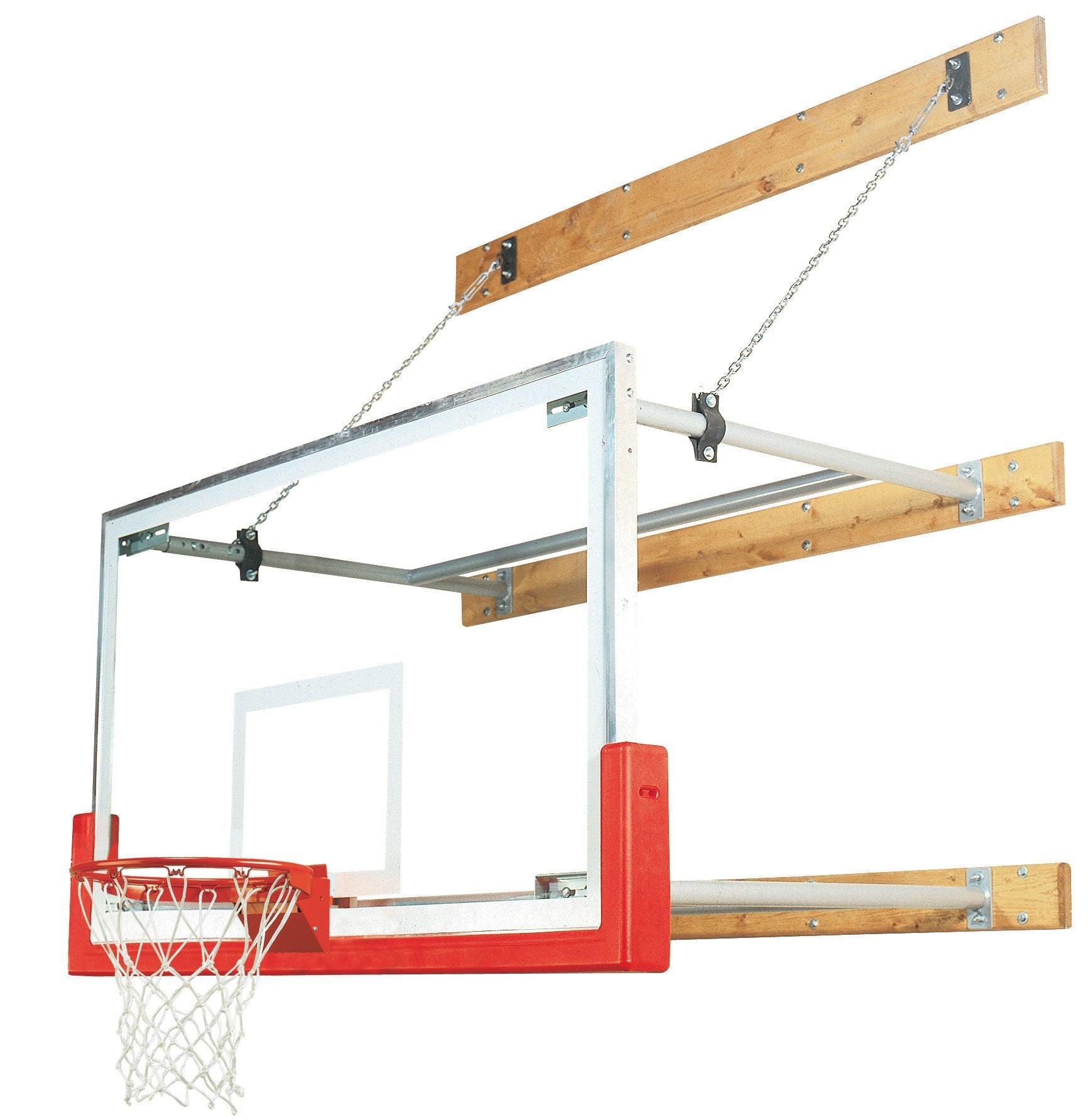 Bison 6 to 8 foot stationary wall-mounted basketball package shown fully extended in school gymnasium