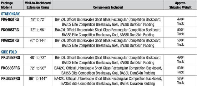 Bison stationary basketball package specification sheet showing telescoping arm reach and wall-mount dimensions