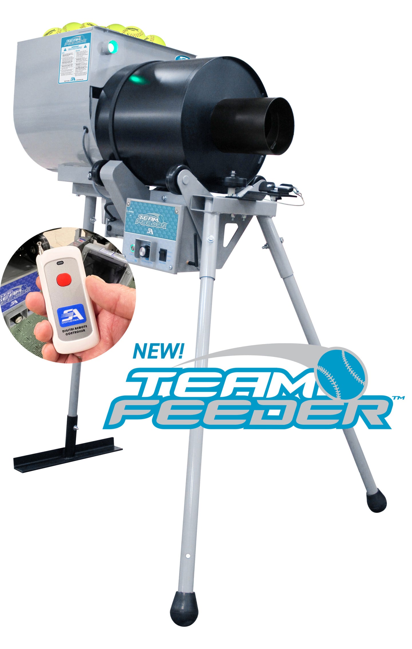 Team Feeder machine with remote control on a white background