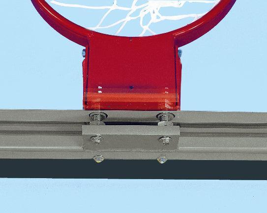 Bison glass backboard stabilizer bar close-up showing integrated support strut that absorbs rim impact