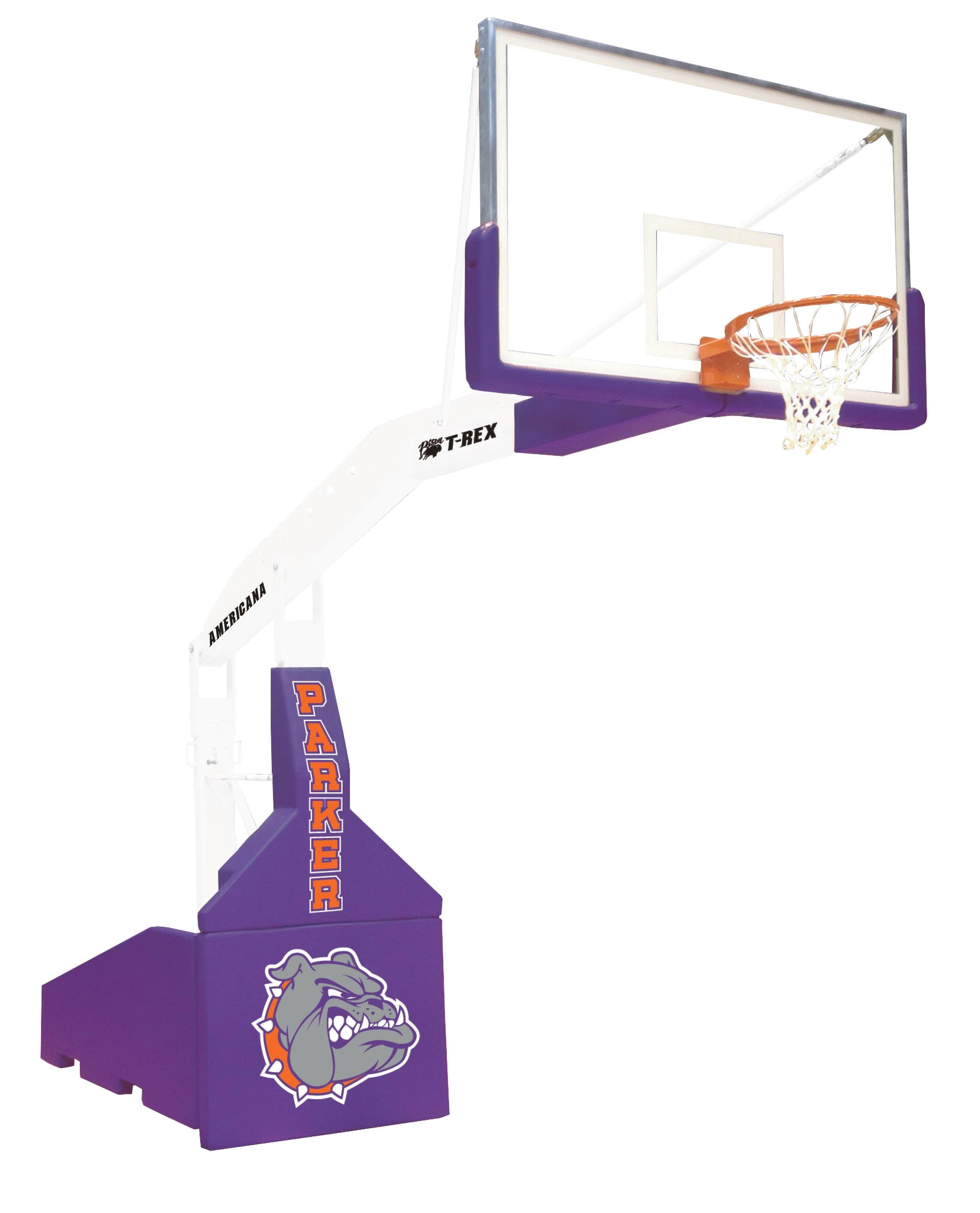 Bison T-REX Americana manual portable basketball system at full playing height in gymnasium