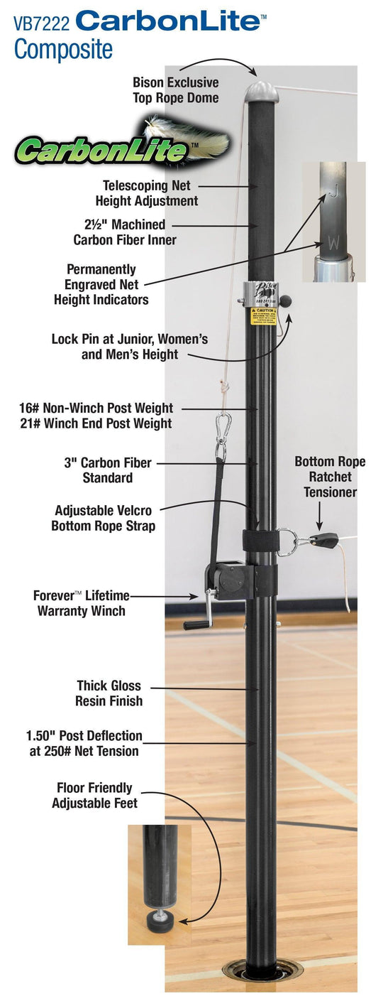 CarbonLite Composite volleyball net system with detailed diagram on a wooden floor background