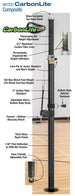 CarbonLite Composite volleyball net system with detailed diagram on a wooden floor background