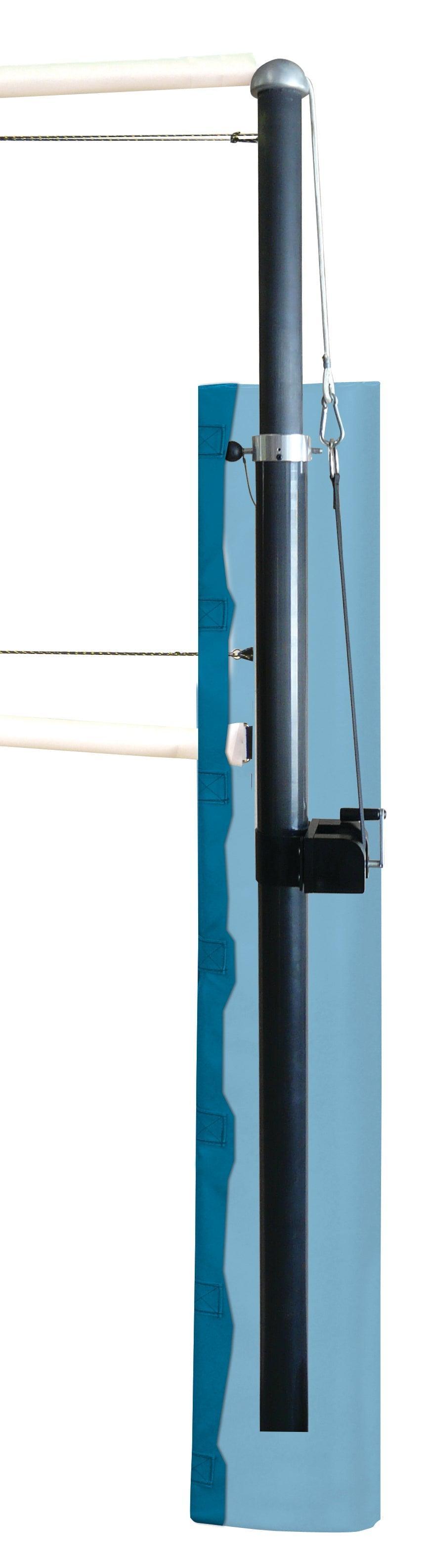 Blue metal post with a cylindrical component on a white background