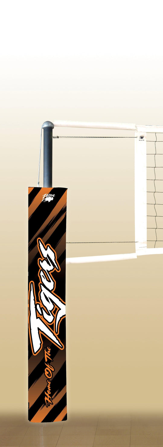 Black and orange cricket bat with 'Tigers' branding on a beige background