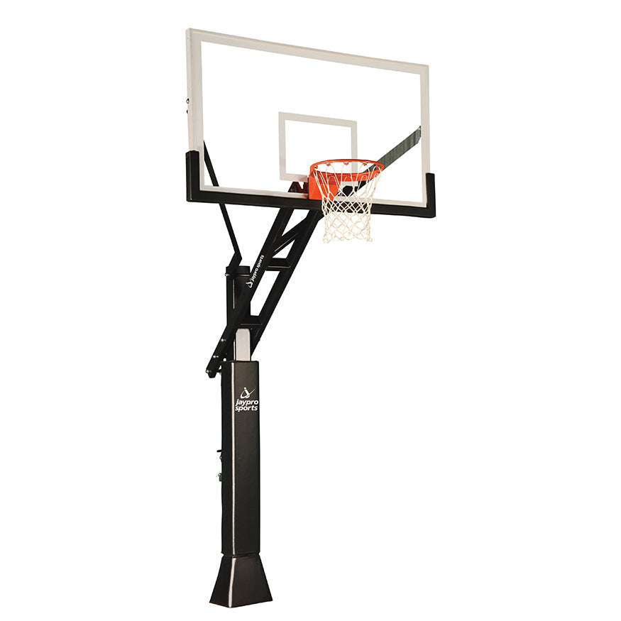 JayPro Sports Basketball System - Titan  Adjustable Series (6 in.x 6 in. Pole with 4 ft. Offset) - 72 in. Acrylic Backboard, Breakaway Playground Goal, and Edge/Protector Padding