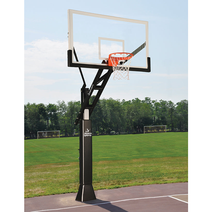JayPro Sports Basketball System - Titan  Adjustable Series (6 in.x 6 in. Pole with 4 ft. Offset) - 72 in. Acrylic Backboard, Breakaway Playground Goal, and Edge/Protector Padding