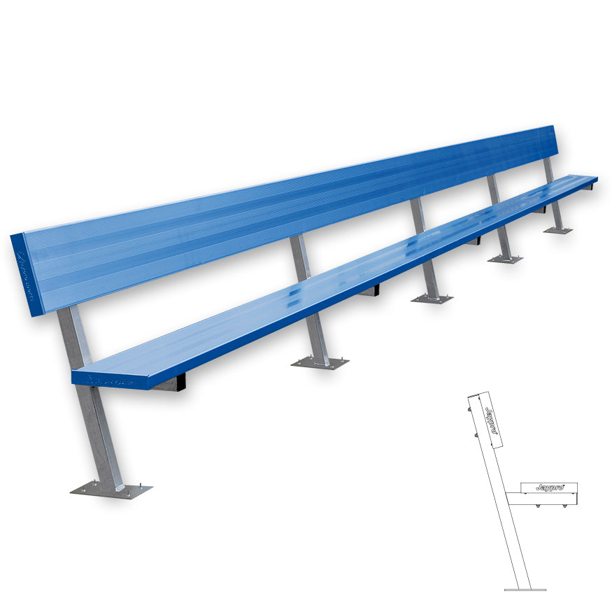 JayPro Sports Player Bench with Seat Back - 27 ft. - Surface Mount  (Powder Coated)