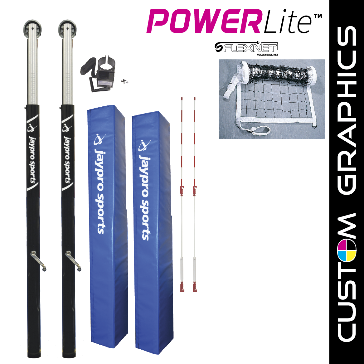 JayPro Sports PowerLite  Volleyball System with custom graphics (3-1/2 in. Floor Sleeve) - NFHS, NCAA, USVBA Compliant