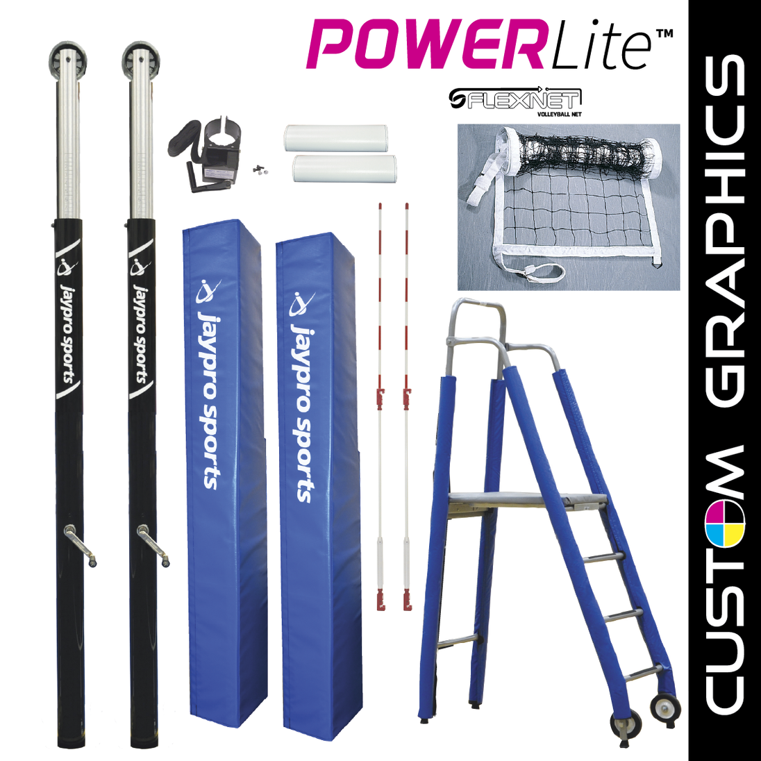 JayPro Sports PowerLite   Volleyball System Deluxe Package with Custom Graphics  (3 in. Floor Sleeve) - NFHS, NCAA, USVBA Compliant
