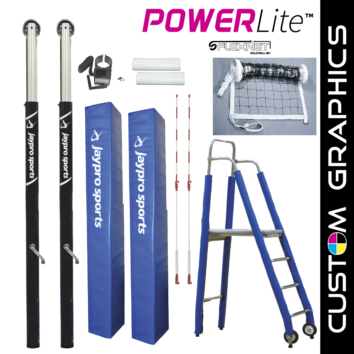JayPro Sports PowerLite   Volleyball System Deluxe Package with Custom Graphics  (3 in. Floor Sleeve) - NFHS, NCAA, USVBA Compliant