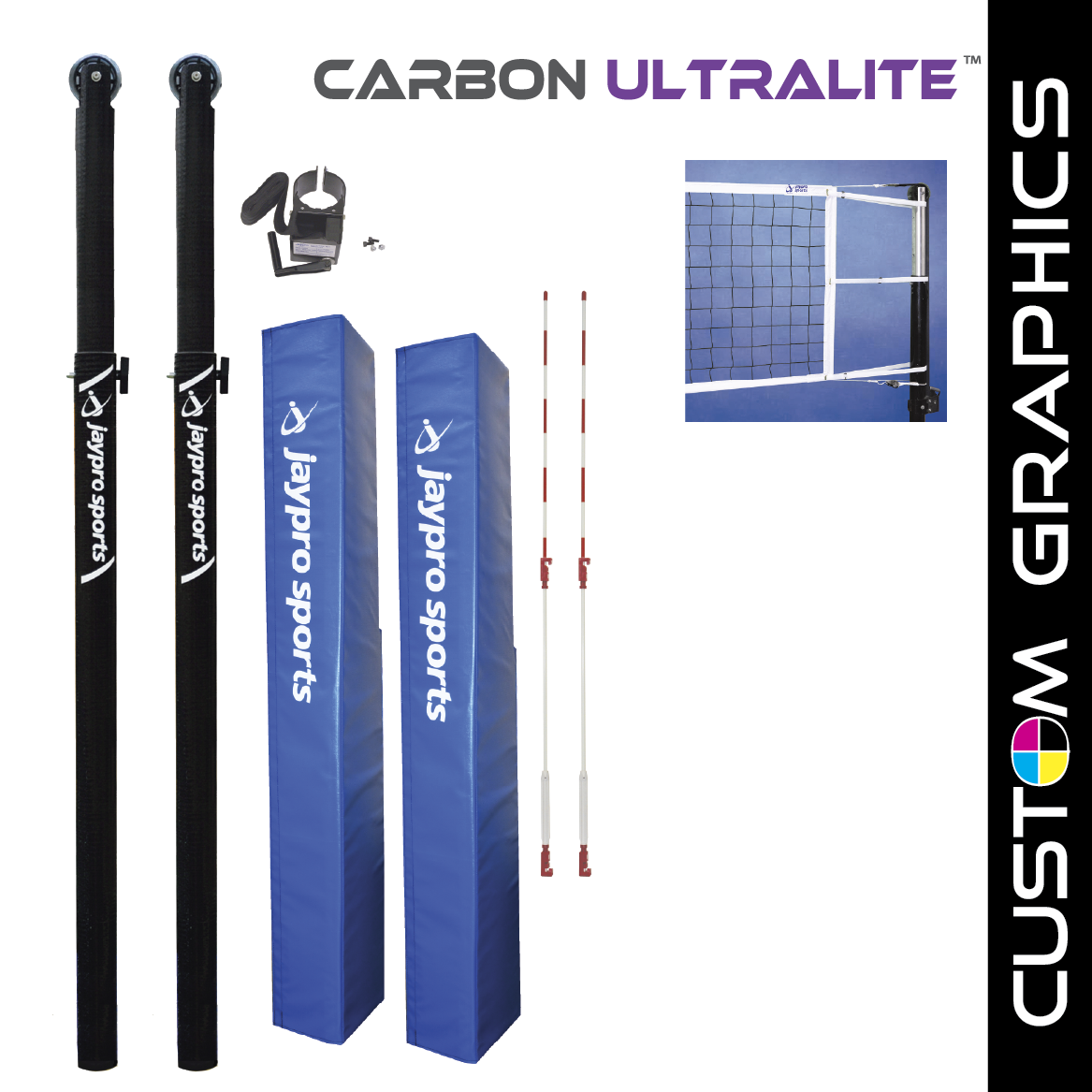JayPro Sports Carbon Ultralite  Volleyball System with custom graphics (3-1/2 in. Floor Sleeve) - NFHS, NCAA, USVBA Compliant