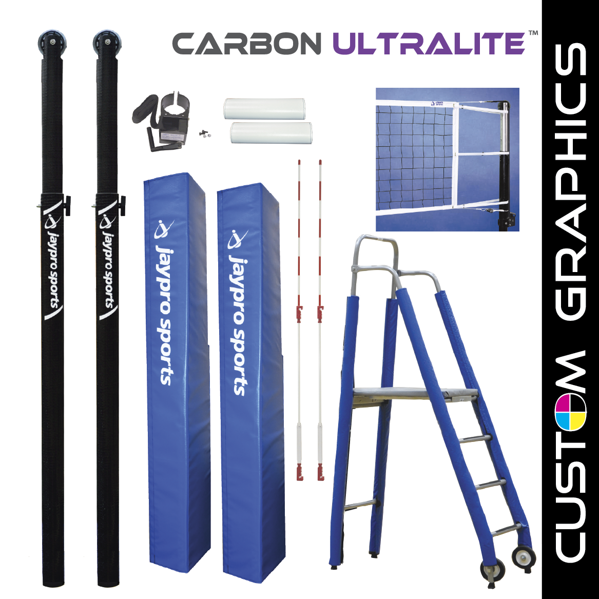 JayPro Sports Carbon Ultralite  Volleyball Deluxe Package with Custom Graphics  (3-1/2 in. Floor Sleeve) - NFHS, NCAA, USVBA Compliant