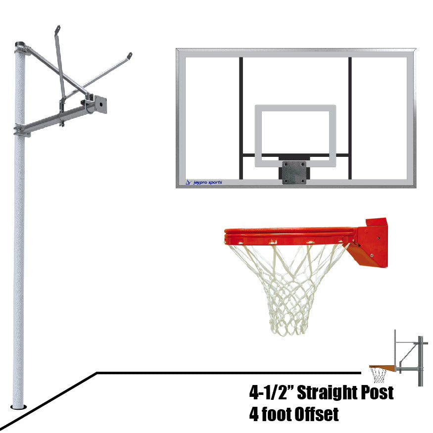 JayPro Sports Basketball System - Straight Post (4-1/2 in. Pole with 4 ft. Offset) - 72 in. Acrylic Backboard - Playground Breakaway Goal
