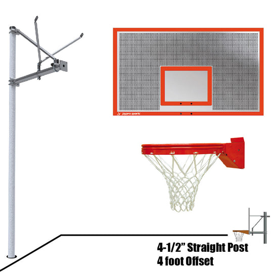 JayPro Sports Basketball System - Straight Post (4-1/2 in. Pole with 4 ft. Offset) - 72 in. Perforated  Aluminum Backboard - Playground Breakaway Goal