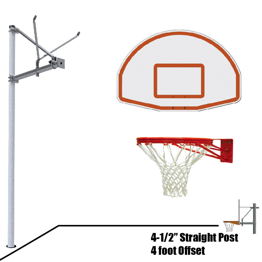 JayPro Sports Basketball System - Straight Post (4-1/2 in. Pole with 4 ft. Offset) - 36 in. Aluminum Fan Backboard - Double Rim