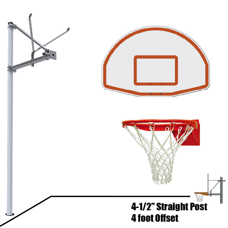 JayPro Sports Basketball System - Straight Post (4-1/2 in. Pole with 4 ft. Offset) - 36 in. Aluminum Fan Backboard - Flex Rim Goal