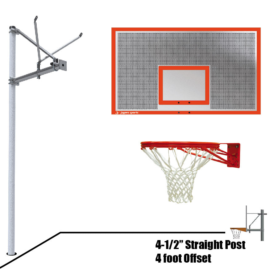 JayPro Sports Basketball System - Straight Post (4-1/2 in. Pole with 4 ft. Offset) - 72 in. Perforated Steel Backboard - Double Rim