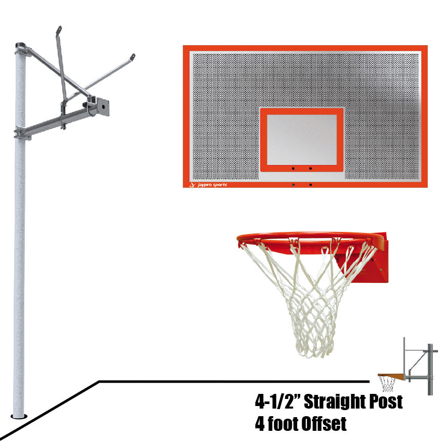 JayPro Sports Basketball System - Straight Post (4-1/2 in. Pole with 4 ft. Offset) - 72 in. Perforated Steel Backboard - Flex Rim Goal
