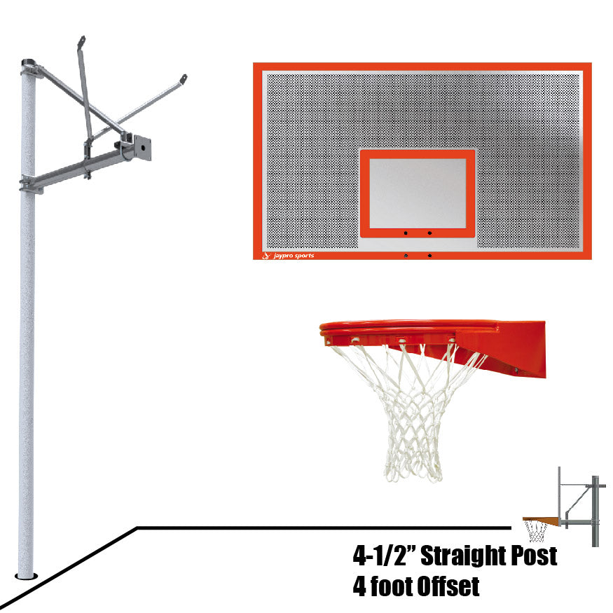 JayPro Sports Basketball System - Straight Post (4-1/2 in. Pole with 4 ft. Offset) - 72 in. Perforated Steel Backboard - Playground Goal