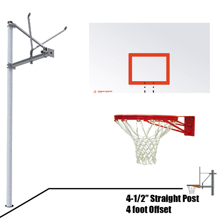 JayPro Sports Basketball System - Straight Post (4-1/2 in. Pole with 4 ft. Offset) - 72 in. Steel Backboard - Double Rim