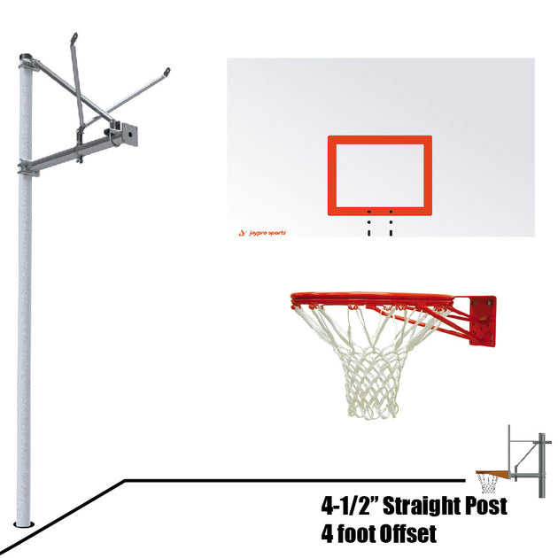 JayPro Sports Basketball System - Straight Post (4-1/2 in. Pole with 4 ft. Offset) - 72 in. Steel Backboard - Double Rim
