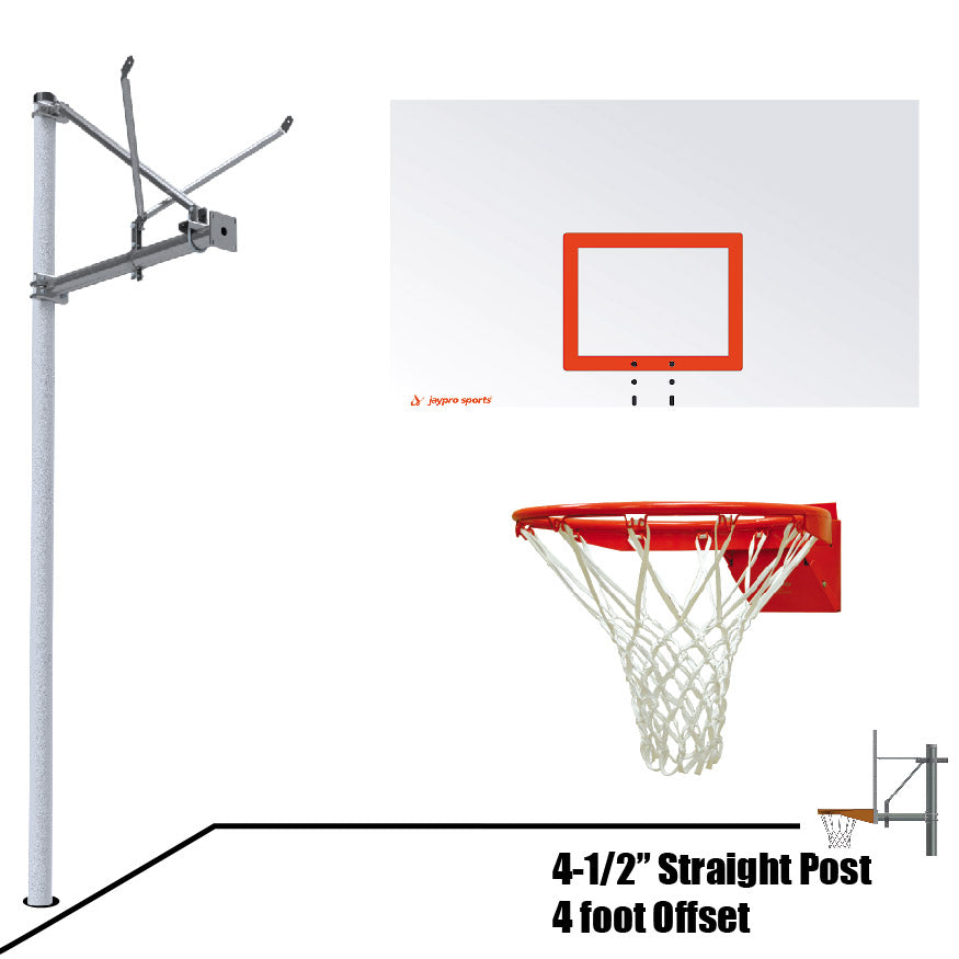 JayPro Sports Basketball System - Straight Post (4-1/2 in. Pole with 4 ft. Offset) - 72 in. Steel Backboard - Flex Rim Goal