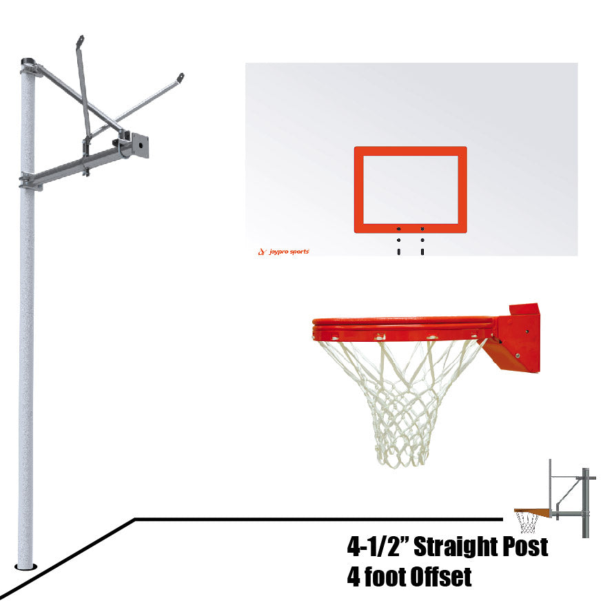JayPro Sports Basketball System - Straight Post (4-1/2 in. Pole with 4 ft. Offset) - 72 in. Steel Backboard - Playground Breakaway Goal