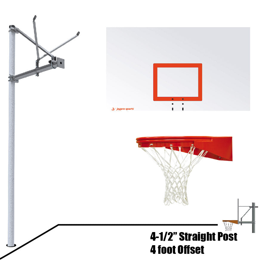 JayPro Sports Basketball System - Straight Post (4-1/2 in. Pole with 4 ft. Offset) - 72 in. Steel Backboard - Playground Goal