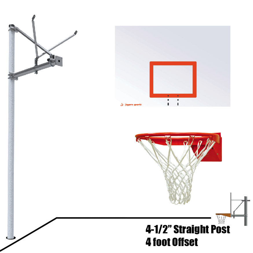 JayPro Sports Basketball System - Straight Post (4-1/2 in. Pole with 4 ft. Offset) - 60 in. Steel Backboard - Flex Rim Goal